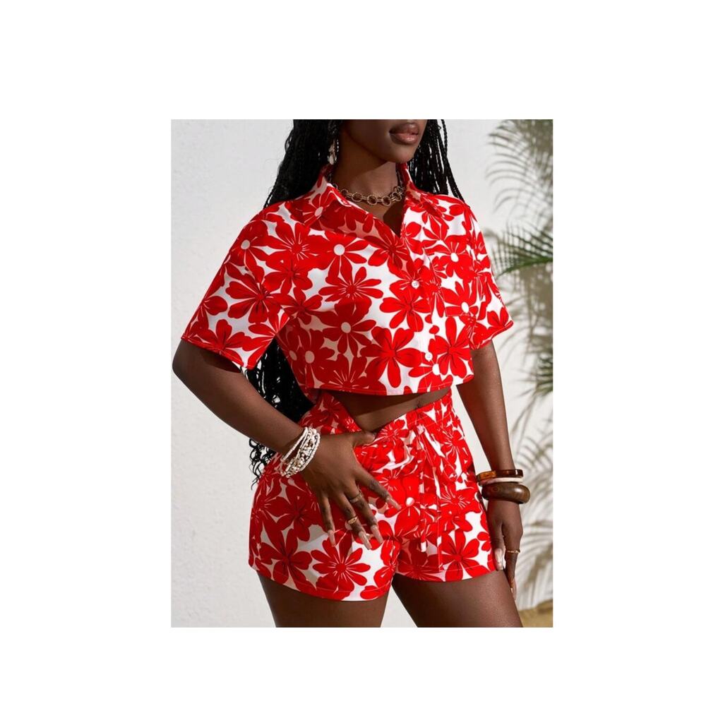 New 2pcs Women Casual Floral Print
Shirt And Shorts Set Size Small